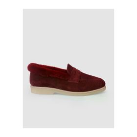 Cabani LP01-K Hakiki Deri Bordo Süet Kürklü Kadın Loafer Ayakkabı