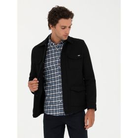 Cacharel 50274681-VR046 Siyah Slim Fit Yün Karışımlı Dokulu Kaşe Erkek Mont