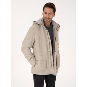 Cacharel 50311425-VR011 Erkek Bej Yün Karışımlı Kapüşonlu Flanel Kaşe Mont