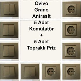 Çağatay Elektrik Ovivo Grano Antrasit 5 Adet Komütatör + 5 Adet Topraklı Priz