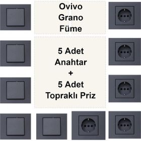 Çağatay Elektrik Ovivo Grano Füme 5 Adet Anahtar + 5 Adet Topraklı Priz