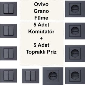 Çağatay Elektrik Ovivo Grano Füme 5 Adet Komütatör + 5 Adet Topraklı Priz