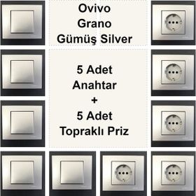Çağatay Elektrik Ovivo Grano Gümüş Silver 5 Adet Anahtar + 5 Adet Topraklı Priz