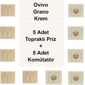 Çağatay Elektrik - Ovivo Grano Krem 5 Adet Topraklı Priz + 5 Adet Komütatör