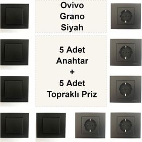 Çağatay Elektrik Ovivo Grano Siyah 5 Adet Anahtar + 5 Adet Topraklı Priz