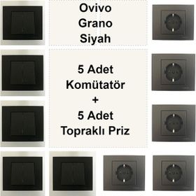 Çağatay Elektrik Ovivo Grano Siyah 5 Adet Komütatör + 5 Adet Topraklı Priz