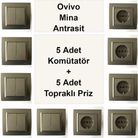 Çağatay Elektrik Ovivo Mina Antrasit 5 Adet Komütatör + 5 Adet Topraklı Priz