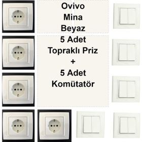 Çağatay Elektrik Ovivo Mina Beyaz 5 Adet Topraklı Priz + 5 Adet Komütatör