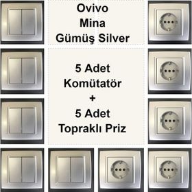 Çağatay Elektrik Ovivo Mina Gümüş Silver 5 Adet Komütatör + 5 Adet Topraklı Priz