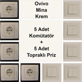 Çağatay Elektrik Ovivo Mina Krem 5 Adet Komütatör + 5 Adet Topraklı Priz