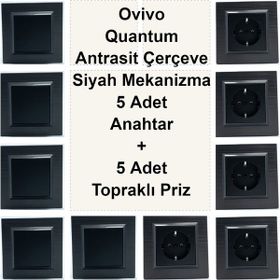 Çağatay Elektrik Ovivo Quantum Antrasit Çerçeve Siyah Mekanizma 5 Adet Anahtar + 5 Adet Topraklı Priz