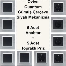 Çağatay Elektrik Ovivo Quantum Gümüş Çerçeve Siyah Mekanizma 5 Adet Anahtar + 5 Adet Topraklı Priz
