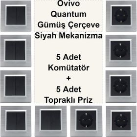 Çağatay Elektrik Ovivo Quantum Gümüş Çerçeve Siyah Mekanizma 5 Adet Komütatör + 5 Adet Topraklı Priz