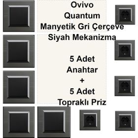 Çağatay Elektrik Ovivo Quantum Manyetik Gri Çerçeve Siyah Mekanizma 5 Adet Anahtar + 5 Adet Topraklı Priz