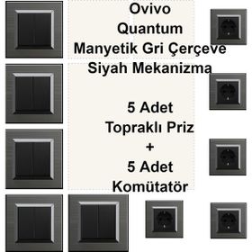 Çağatay Elektrik Ovivo Quantum Manyetik Gri Çerçeve Siyah Mekanizma 5 Adet Topraklı Priz + 5 Adet Komütatör
