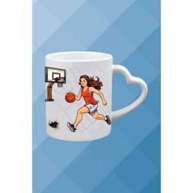 Caisya Basketboll Temalı Kadın Oyuncu Baskılı Kalpli Kulp Beyaz Kupa Bardak