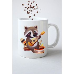Caisya Gitar Çalan Rakun Cute Raccon Baskılı Hediye Beyaz Kupa Bardak