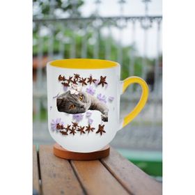 Caisya Sevimli Kedi Baskılı Sarı Lüx Kupa Bardak
