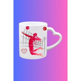 Caisya Voleybol Temalı Erkek Oyuncu Baskılı Kalpli Kulp Beyaz Kupa Bardak