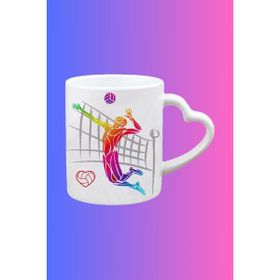 Caisya Voleybol Temalı Erkek Oyuncu Baskılı Kalpli Kulp Beyaz Kupa Bardak