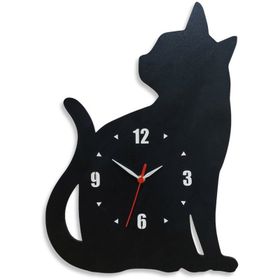 CajuArt Büyük Boy Oturan Kedi Ahşap Siyah Duvar Saati