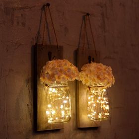 CajuArt Dekoratif İkili Kavanoz Yapay Çiçek Peri Led Işık Aplik