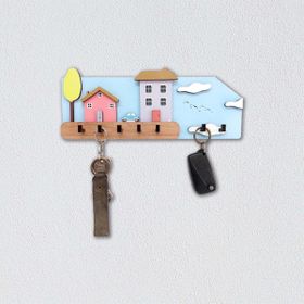 CajuArt Eğlenceli Renkli Evler Ahşap Hol Askılı Anahtarlık
