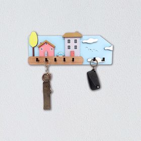 CajuArt Eğlenceli Renkli Evler Ahşap Hol Askılı Anahtarlık