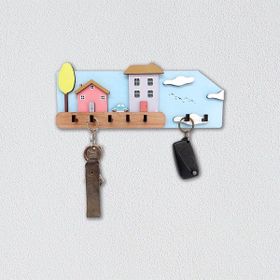 CajuArt Eğlenceli Renkli Evler Ahşap Hol Askılı Anahtarlık