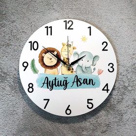 CajuArt İsme Özel Sevimli Hayvan Figürlü Çocuk Odası Duvar Saati
