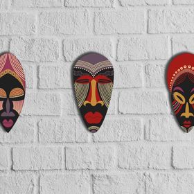CajuArt Otantik Kabile Maske Dekoratif Üçlü Ahşap Tablo