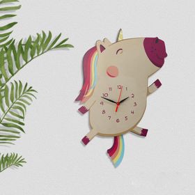CajuArt Sallanan Sarkaçlı Ahşap Unicorn Çocuk Odası Duvar Saati