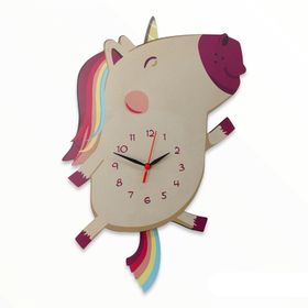 CajuArt Sallanan Sarkaçlı Ahşap Unicorn Çocuk Odası Duvar Saati