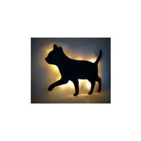 CajuArt Yürüyen Kedi Dekoratif Büyük Led Işıklı Ahşap Tablo