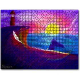 Caka Tablo Deniz Feneri, Günbatımı, Kadın ve Kedi 1000 Parça Puzzle