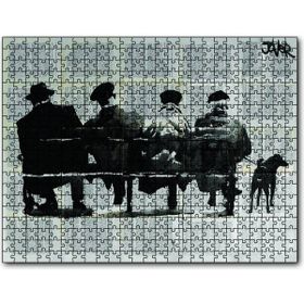 Caka Tablo Gazete Küpürü Üstünde Bankta 4 Adam ve Köpek 120 Parça Puzzle