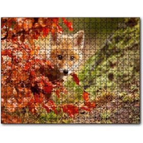 Caka Tablo Kırmızı Yapraklar Arkasındaki Sevimli Yavru Tilki 500 Parça Puzzle