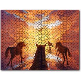 Caka Tablo Kızıl Bulutlu Gökler Sudaki Aksi ve Koşan Atlar 255 Parça Puzzle