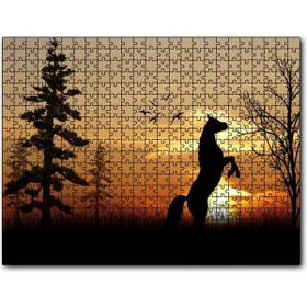 Caka Tablo Şahlanan At Kuşlar Ağaçlar ve Günbatımı 120 Parça Puzzle