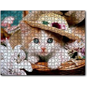 Caka Tablo Sepette Şapkalı Yavru Kedi ve Çiçekler 120 Parça Puzzle