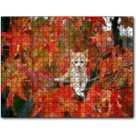 Caka Tablo Sonbaharda Çınar Yaprakları Arasındaki Yavru Kedi 500 Parça Puzzle