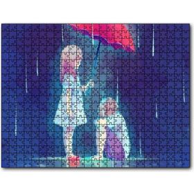 Caka Tablo Yağmurda Kırmızı Şemsiyeli Küçük Kız ve Erkek Çizim 255 Parça Puzzle
