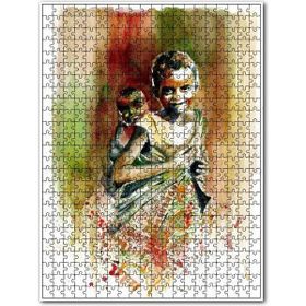 Cakapuzzle Afrikalı Kız ve Sırtında Kardeşi Suluboya Efekt 1000 Parça Puzzle