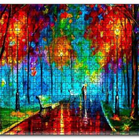 Cakapuzzle Ağaçlı Yol Yağmur Şemsiyeli Çift Yağlıboya Mdf 120 Parça Puzzle