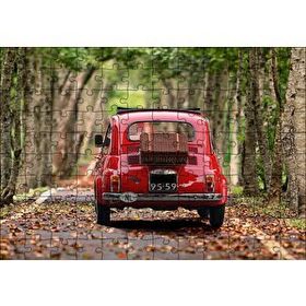 Cakapuzzle Ağaçlı Yol Yapraklar ve Kırmızı Fiat Bis 120 Parça Ahşap Puzzle