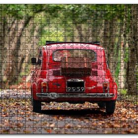 Cakapuzzle Ağaçlı Yol Yapraklar ve Kırmızı Fiat Bis Mdf 120 Parça Puzzle
