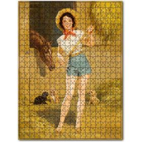 Cakapuzzle Ahırda Şortlu Binici Kız ve Hayvanlar Ahşap 255 Parça Puzzle