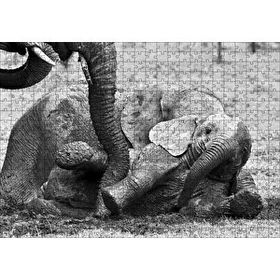 Cakapuzzle Annesiyle Çamurda Oynayan Yavru Fil Siyah Beyaz 120 Parça Ahşap Puzzle