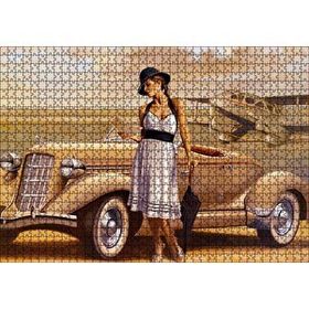 Cakapuzzle Antika Araba Uçak ve Beyaz Elbiseli Kadın 120 Parça Ahşap Puzzle