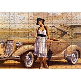 Cakapuzzle Antika Araba Uçak ve Beyaz Elbiseli Kadın 120 Parça Ahşap Puzzle